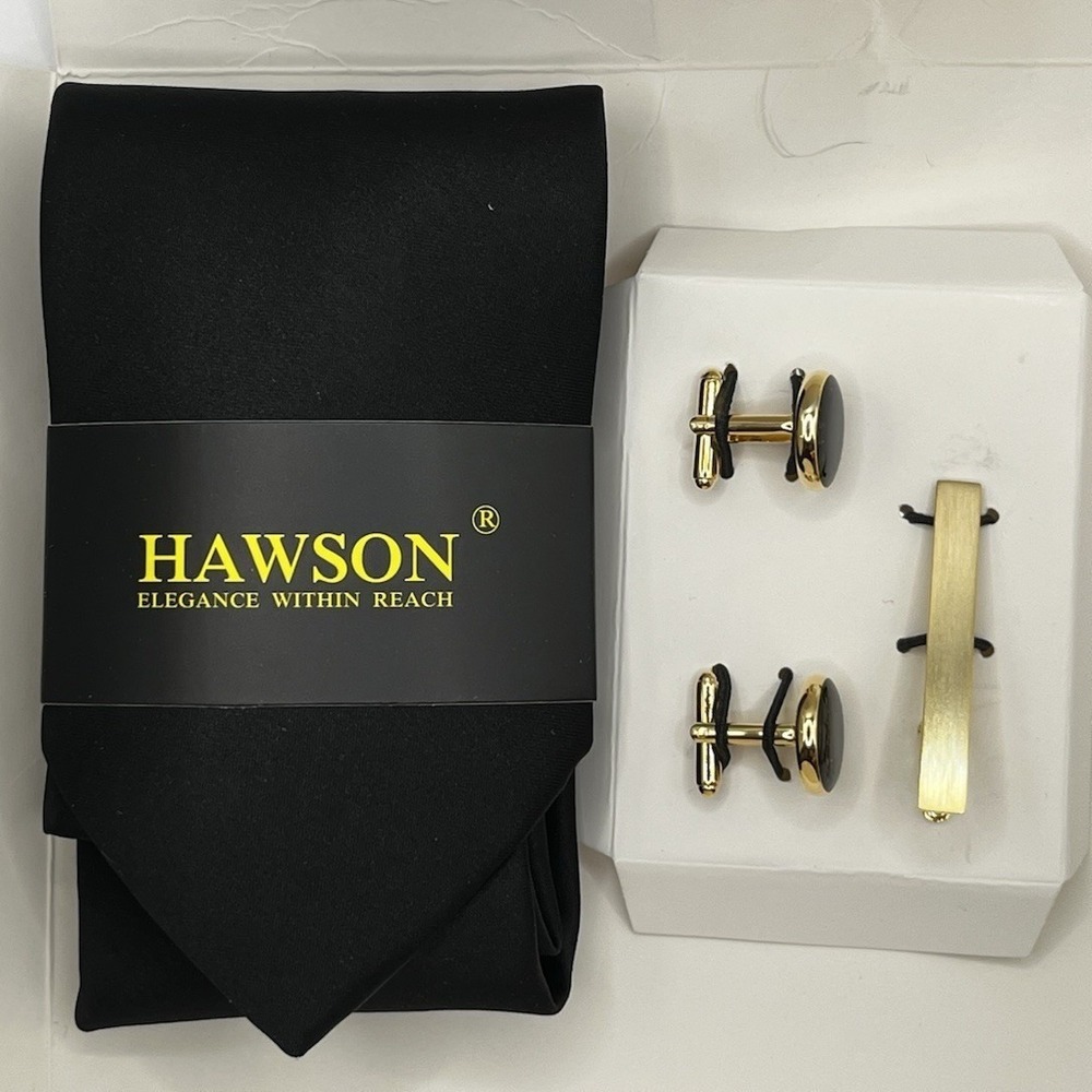 Hawson Black Tie With Gold Cuff Links And Tie Clip Jewelry Wedding Business New‎